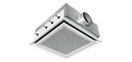 Active chilled beam with four-way air discharge and horizontal heat exchanger, suitable for grid ceilings with grid size 600 or 625