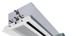Zweiseitig ausströmender Deckeninduktionsdurchlass 300 mm Nennbreite mit vertikalem Wärmeübertrager und Kondensatwanne