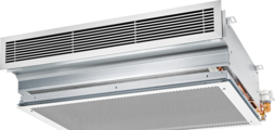 Einseitig ausströmender Deckeninduktionsdurchlass als leise Alternative zu Fan Coil Units mit zwei horizontalen Wärmeübertragervarianten für verschiedene Leistungsbereiche